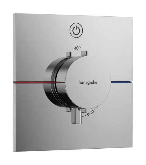 Thermostat von Hansgrohe mit einem runden Bedienregler zur Temperatureinstellung, integrierte Eco-Funktion, gefertigt aus verchromtem Material und montiert auf einer glatten Wandplatte.